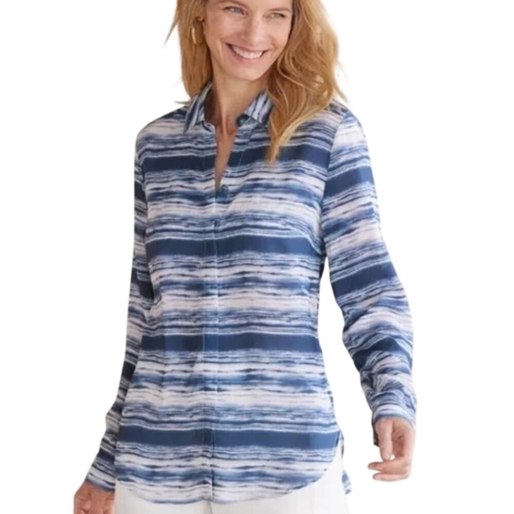 Soft Surroundings Palm Coast Shirt Womens Large Petite Blue & White Casual Top